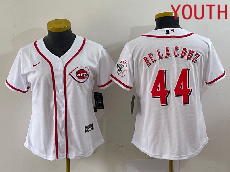 Youth Cincinnati Reds 44 De La Cruz White Nike 2023 Game MLB Jersey1